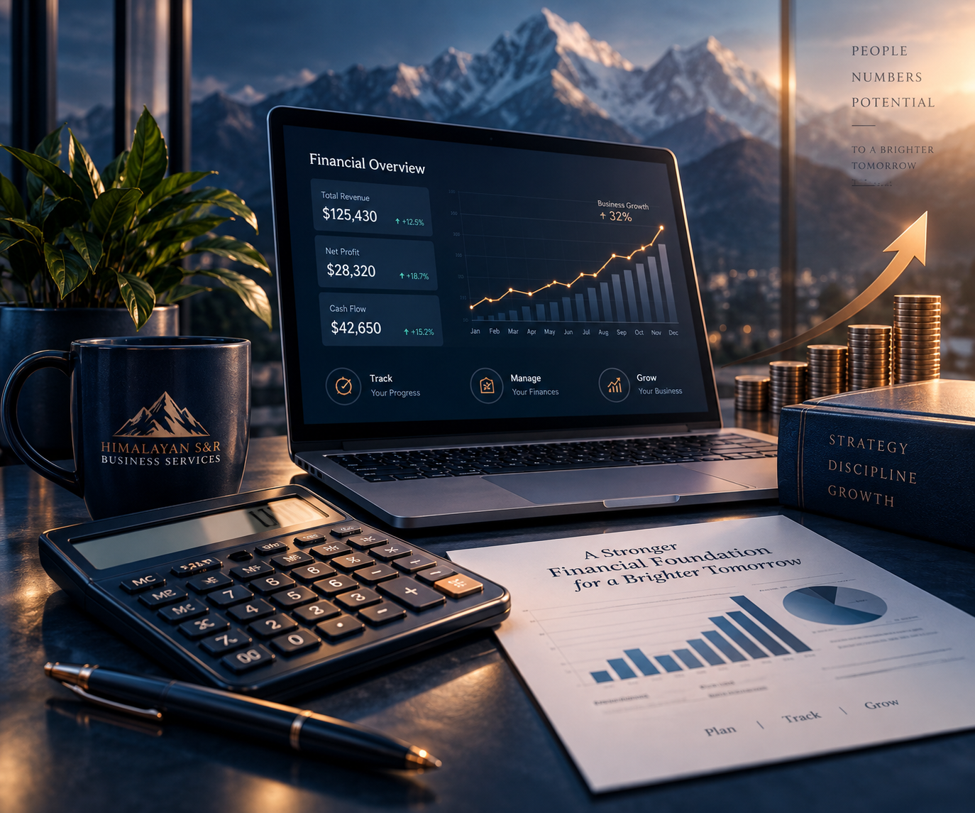 Professional accounting workspace with financial reports and calculator