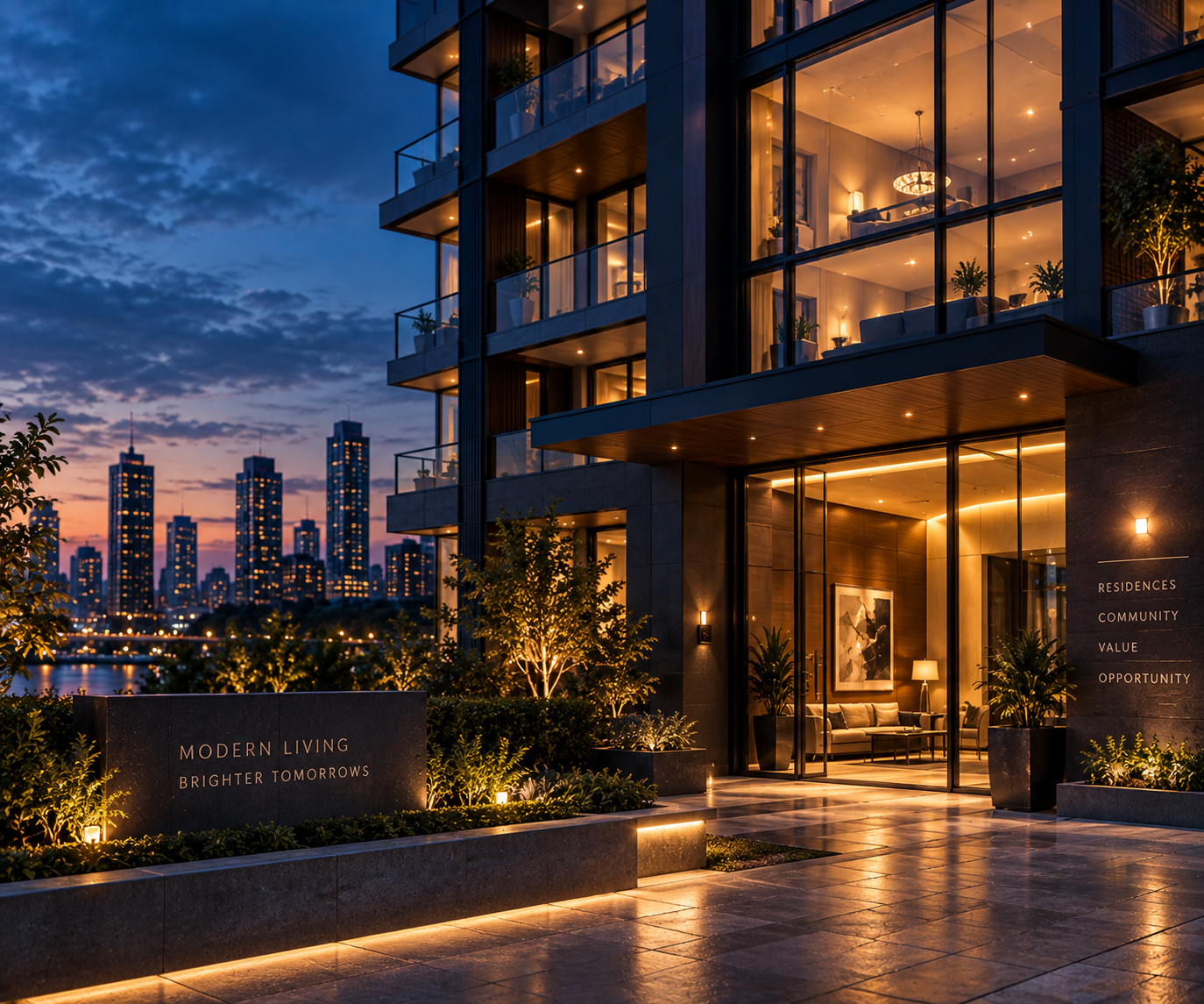 Modern real estate property at dusk
